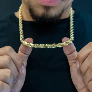 14k Yellow Gold Plated Over 925 Sterling Silver Rope Chain Mens Necklace 6.5mm