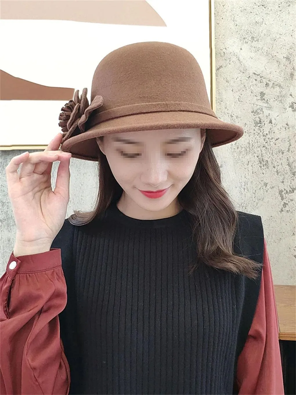 Autumn Winter Women's Fedora Hat Florals Warm Bucket Hat Woolen Warm Bowler Hats Flowers Fedora Hat,C-One Size