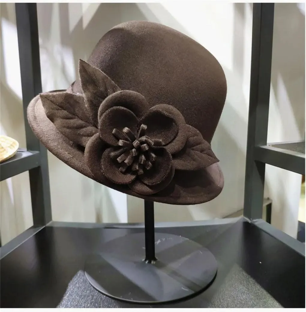Autumn Winter Women's Fedora Hat Florals Warm Bucket Hat Woolen Warm Bowler Hats Flowers Fedora Hat,C-One Size