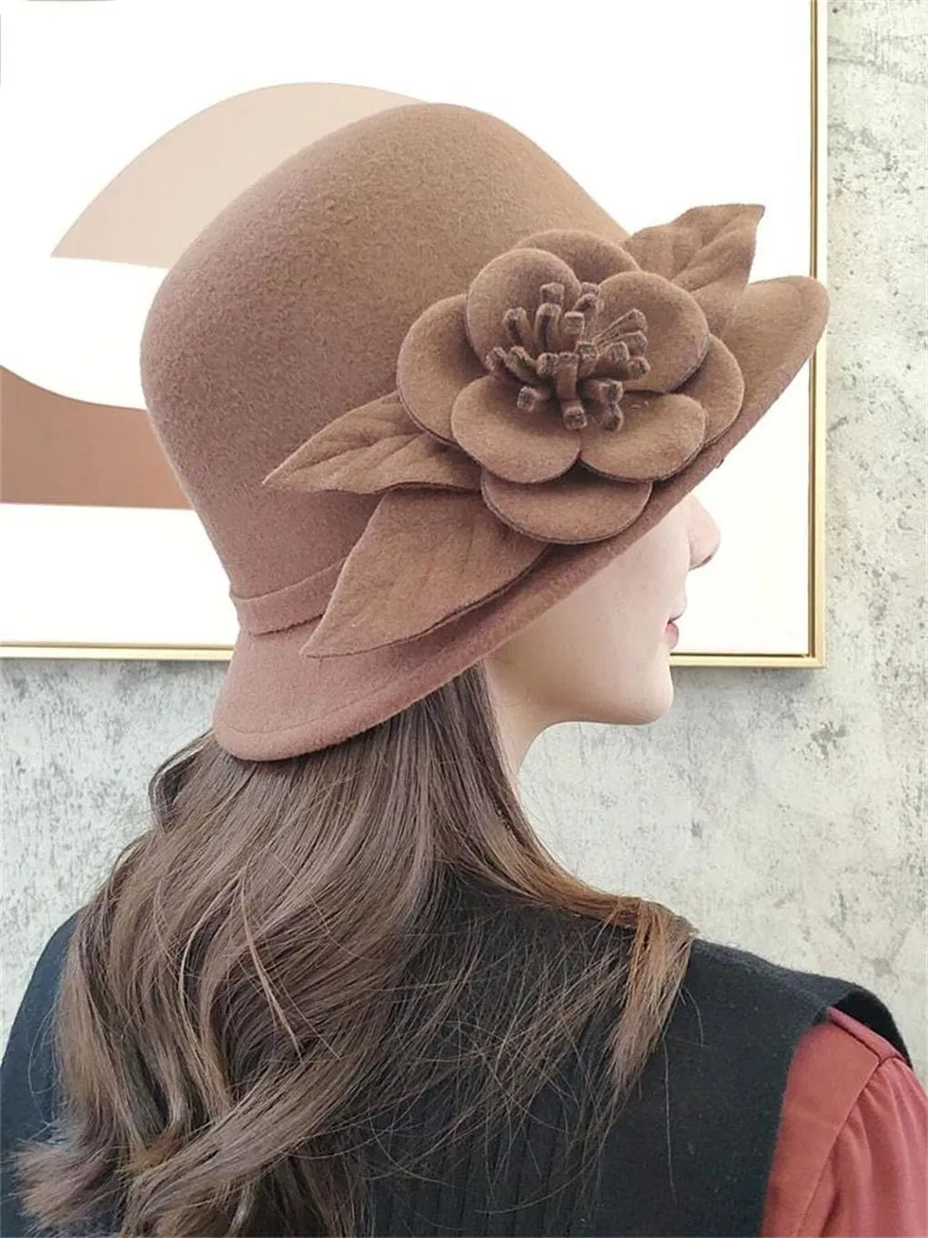 Autumn Winter Women's Fedora Hat Florals Warm Bucket Hat Woolen Warm Bowler Hats Flowers Fedora Hat,C-One Size