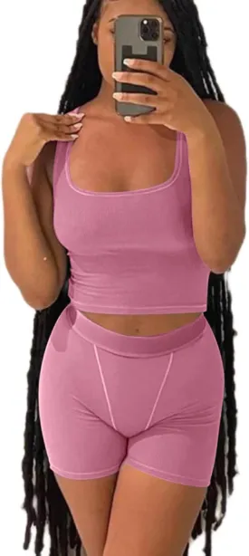 AYWA Casual Workout Sets Two Piece Outfits for Women Ribbed Crop Tank Top High Waist Leggings Active Wear