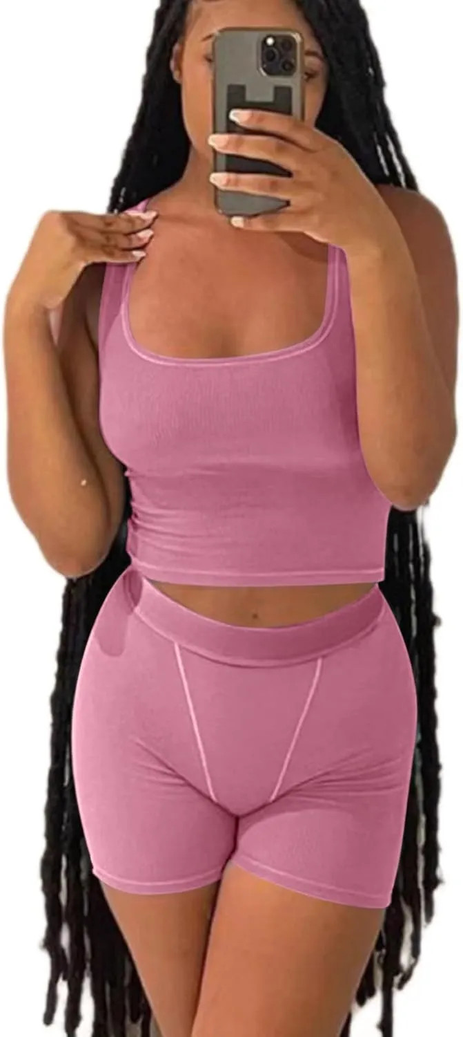 AYWA Casual Workout Sets Two Piece Outfits for Women Ribbed Crop Tank Top High Waist Leggings Active Wear