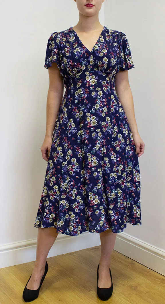 Betty Tea Dress in Navy Daisy Print