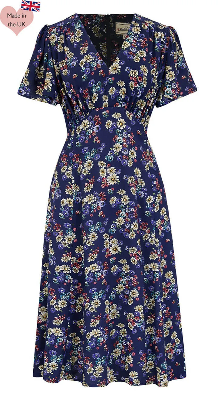 Betty Tea Dress in Navy Daisy Print