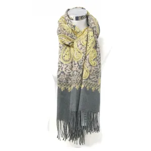 Cashmere Gold Embroidery Paisley Pattern Scarf - Grey