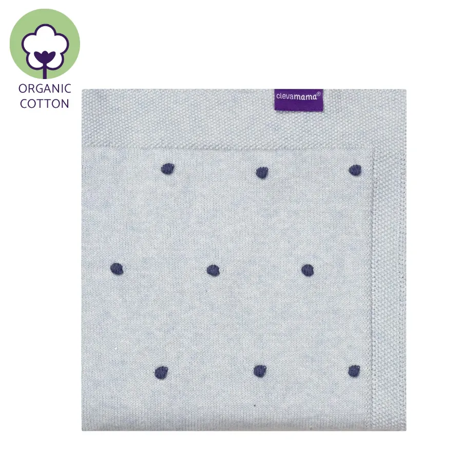 Clevamama Organic Cotton Knitted Pom Pom Baby Blanket - Blue