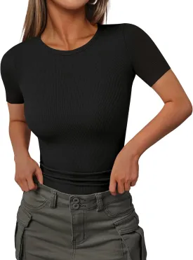 Ekouaer Women Short Sleeve Shirts Lightweight Thermal Tops Ribbed Knitted Outfit Tees Soft Crew Neck Undershirt Basic Clothes
