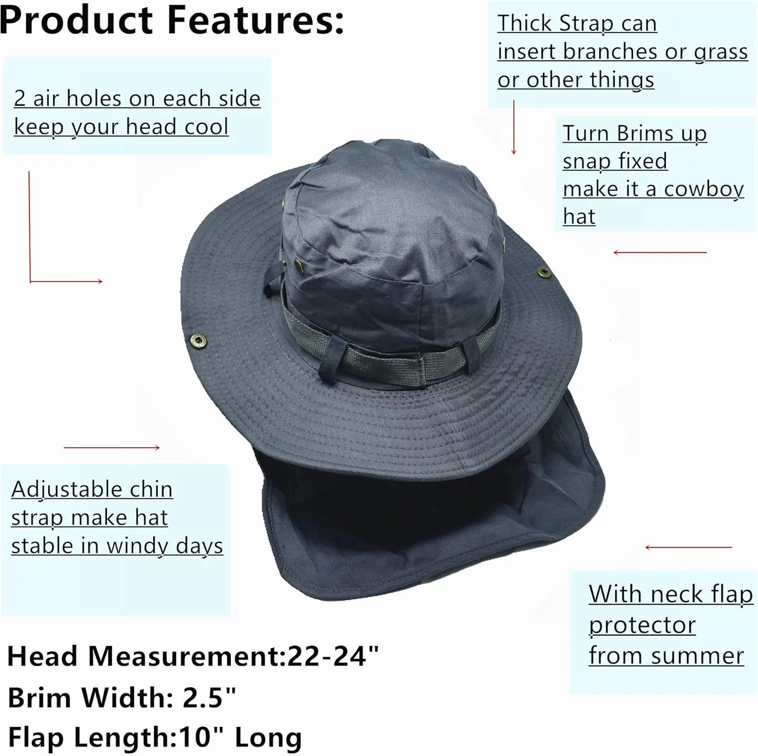 Glory Max Bucket Boonie Hat with Neck Flap Cover Sun Safari Wide Brim Fishing Garden Hiking Cap