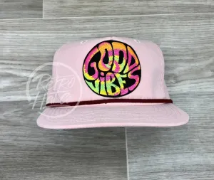 Good Vibes Patch on Blush Retro Rope Hat w/Maroon Rope