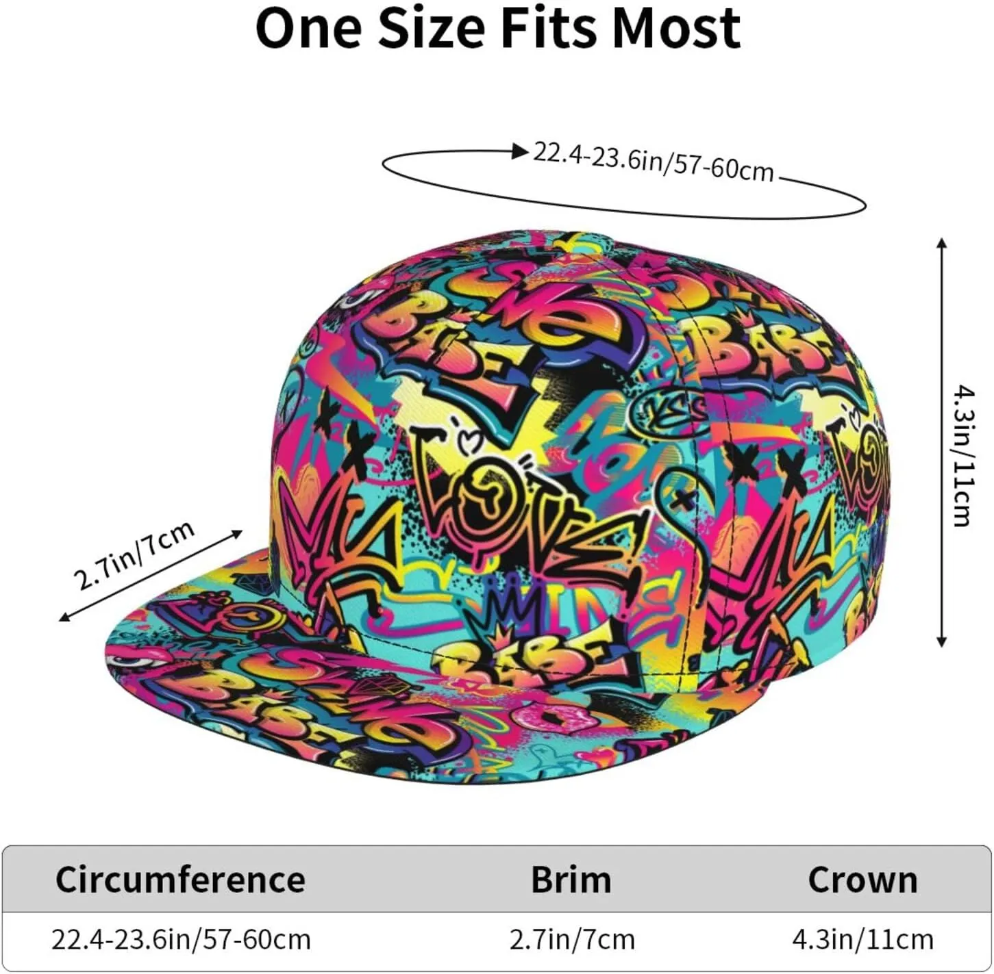 Graffiti Snapback Baseball Cap, Hip Hop Style, Adjustable Flat Bill Brim Hat, Unisex