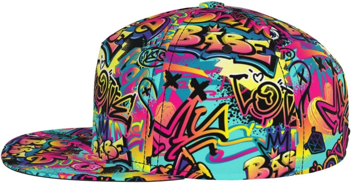 Graffiti Snapback Baseball Cap, Hip Hop Style, Adjustable Flat Bill Brim Hat, Unisex