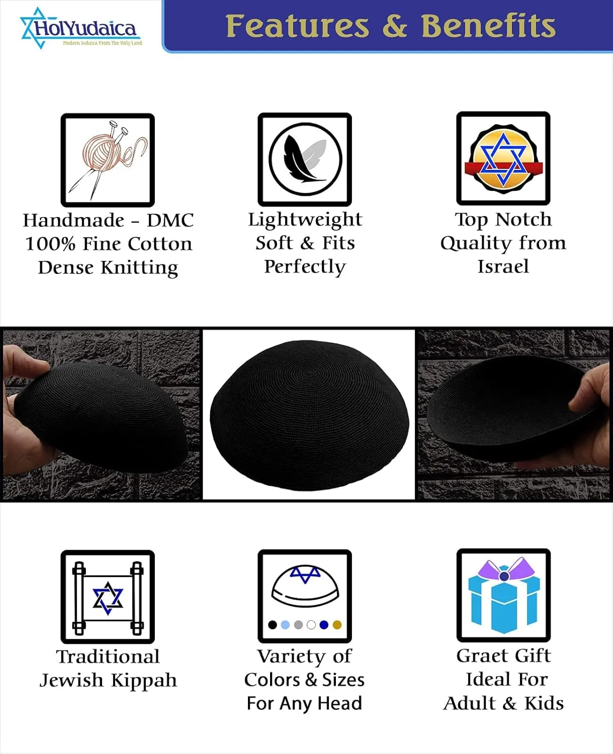 Hand Made 100% Cotton DMC Hand Knitted Kippah Hat from Israel, Hats for Men, Yarmulke Hat, Kippah for Men and Kids (Black, 21cm-8.3inch-Flat)