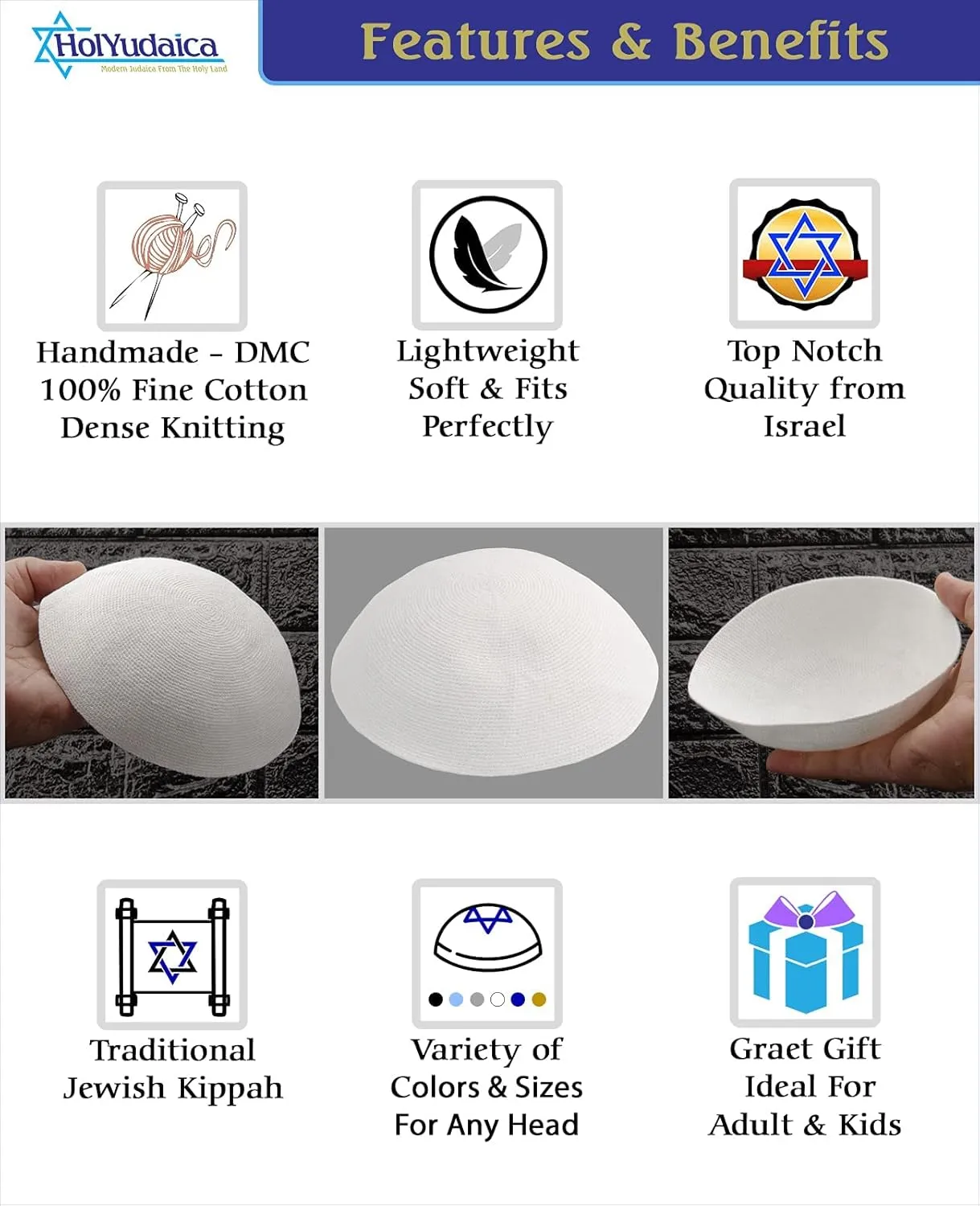Hand Made 100% Cotton DMC Hand Knitted Kippah Hat from Israel, Hats for Men, Yarmulke Hat, Kippah for Men and Kids (White, 21cm-8.3inch-Flat)