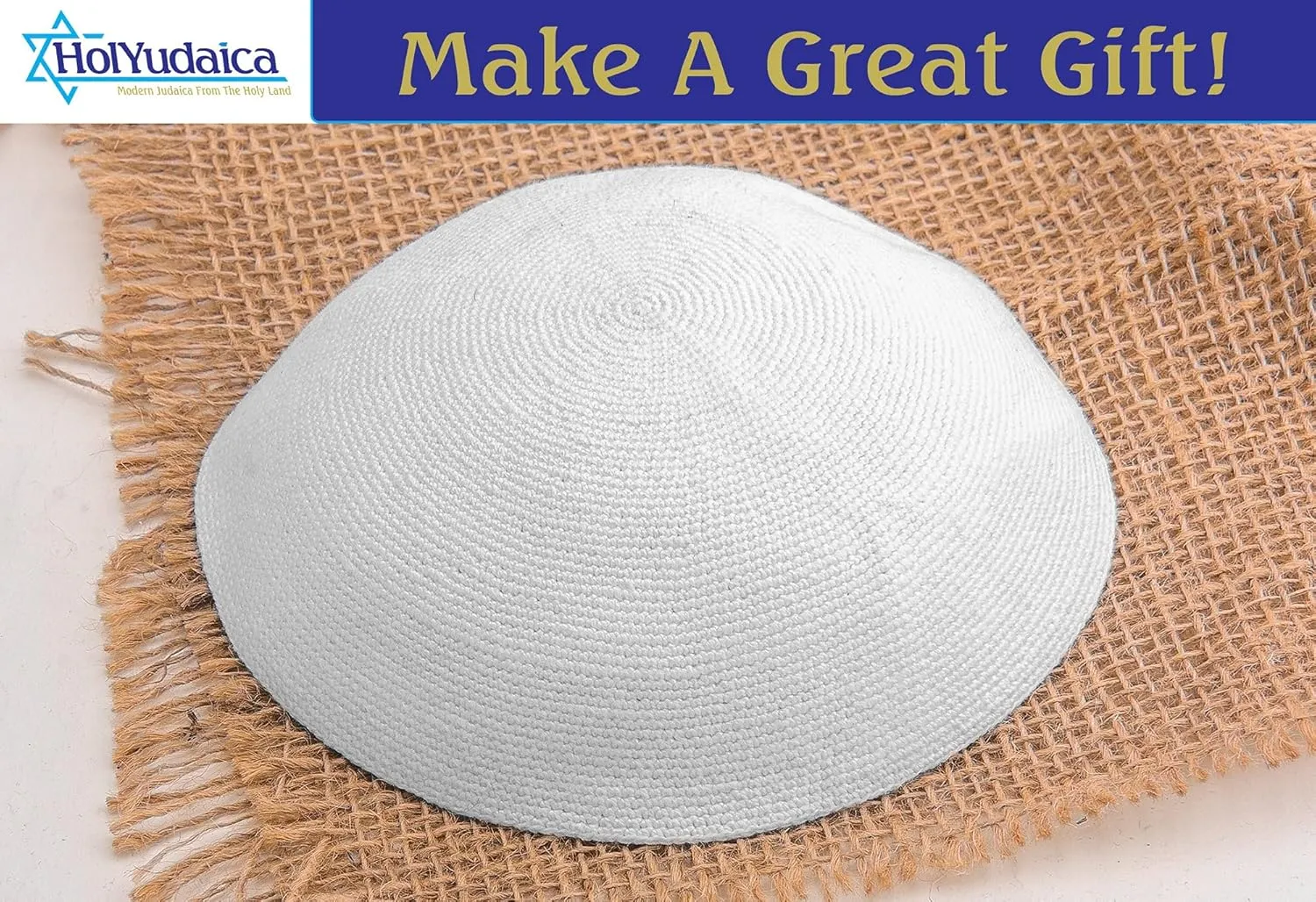Hand Made 100% Cotton DMC Hand Knitted Kippah Hat from Israel, Hats for Men, Yarmulke Hat, Kippah for Men and Kids (White, 21cm-8.3inch-Flat)
