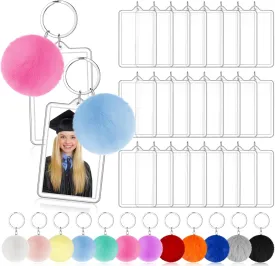 Henoyso 24 Pcs 2 x 3 Inches Acrylic Photo Frame Keychain with Colorful Fluffy Poms Graduation Insert Blanks Acrylic Picture Keychain Bulk for 2025 Graduation Teen High School Party