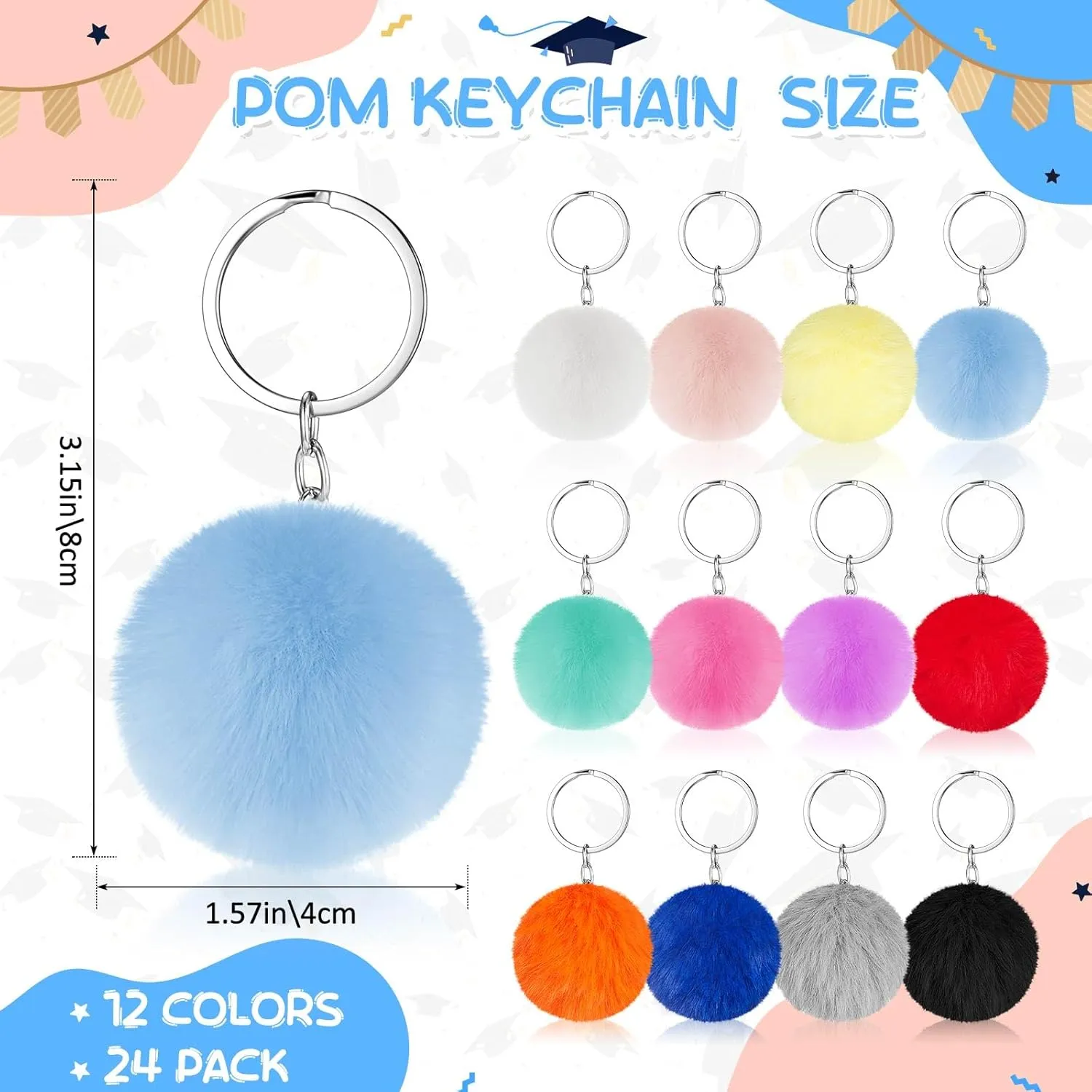 Henoyso 24 Pcs 2 x 3 Inches Acrylic Photo Frame Keychain with Colorful Fluffy Poms Graduation Insert Blanks Acrylic Picture Keychain Bulk for 2025 Graduation Teen High School Party