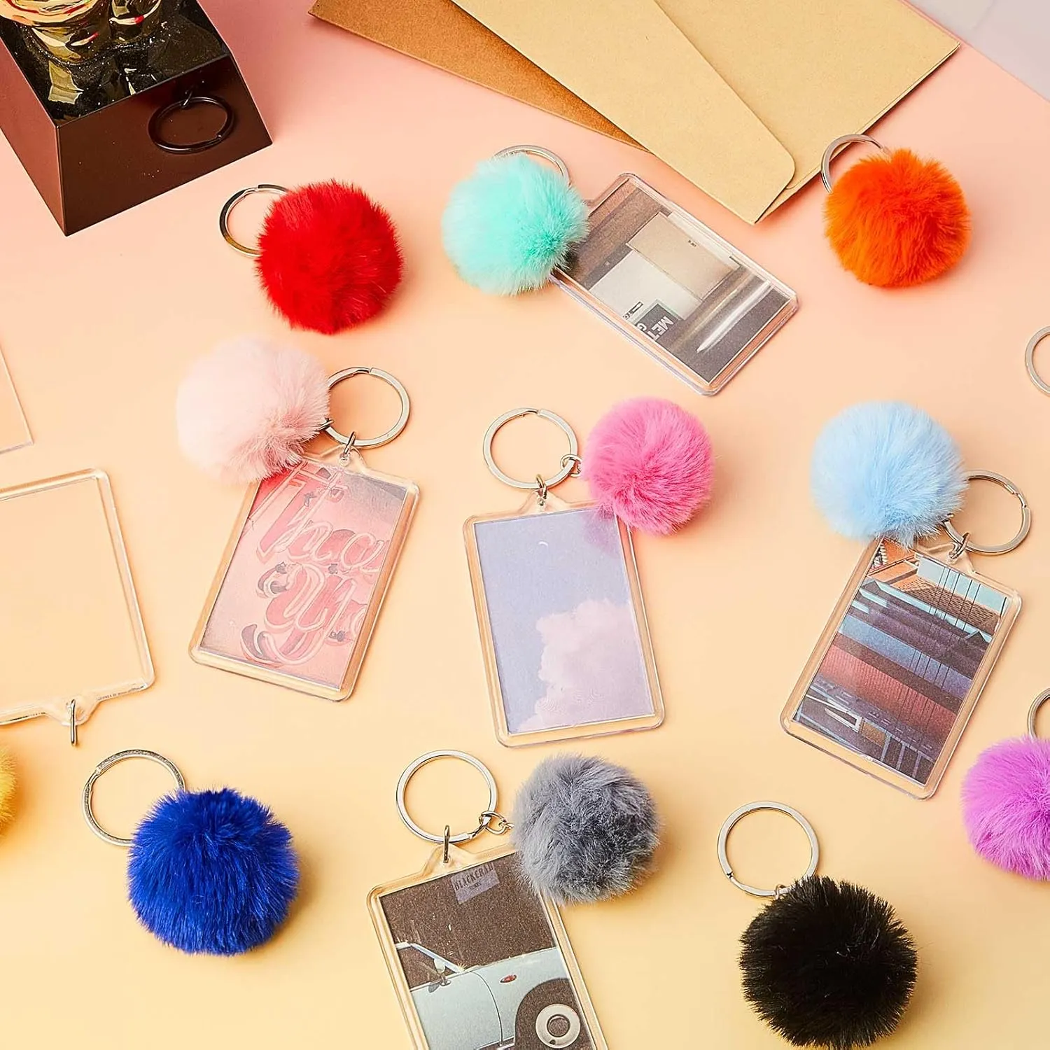 Henoyso 24 Pcs 2 x 3 Inches Acrylic Photo Frame Keychain with Colorful Fluffy Poms Graduation Insert Blanks Acrylic Picture Keychain Bulk for 2025 Graduation Teen High School Party