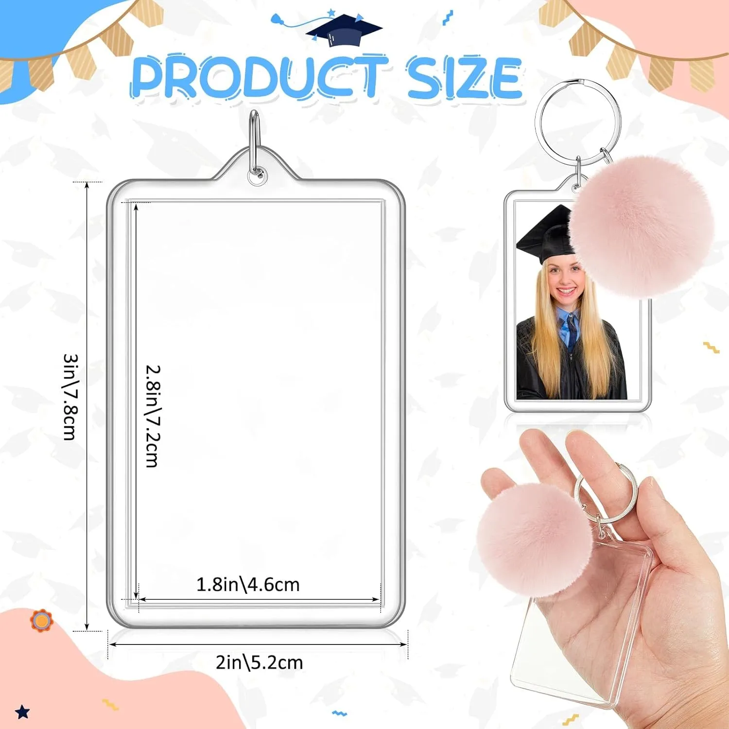 Henoyso 24 Pcs 2 x 3 Inches Acrylic Photo Frame Keychain with Colorful Fluffy Poms Graduation Insert Blanks Acrylic Picture Keychain Bulk for 2025 Graduation Teen High School Party