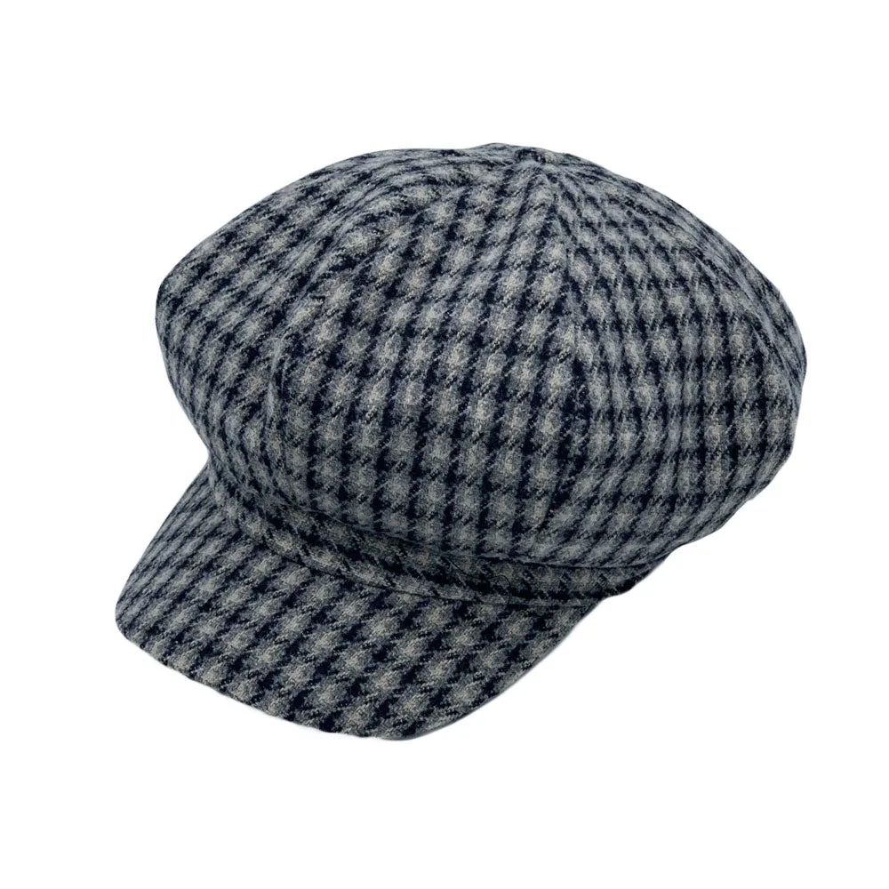 Houndstooth Newsboy Cap - Wool 8 Panel Cabbie Baker Boy Hat Plaid Check Beret LDG1565