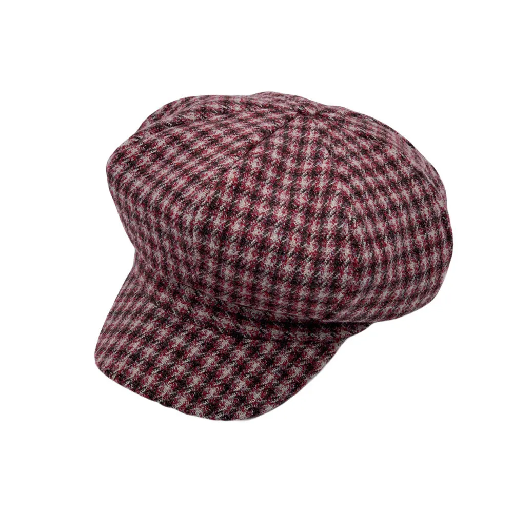 Houndstooth Newsboy Cap - Wool 8 Panel Cabbie Baker Boy Hat Plaid Check Beret LDG1565