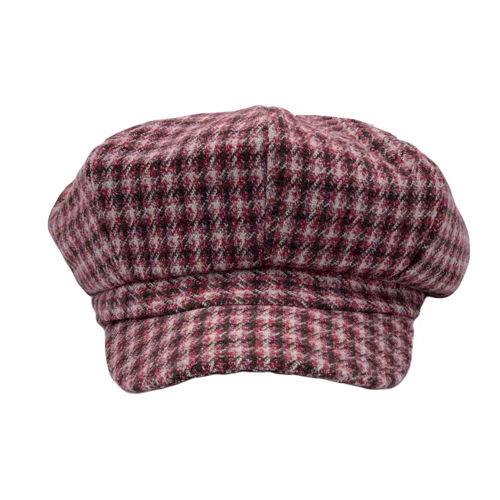 Houndstooth Newsboy Cap - Wool 8 Panel Cabbie Baker Boy Hat Plaid Check Beret LDG1565