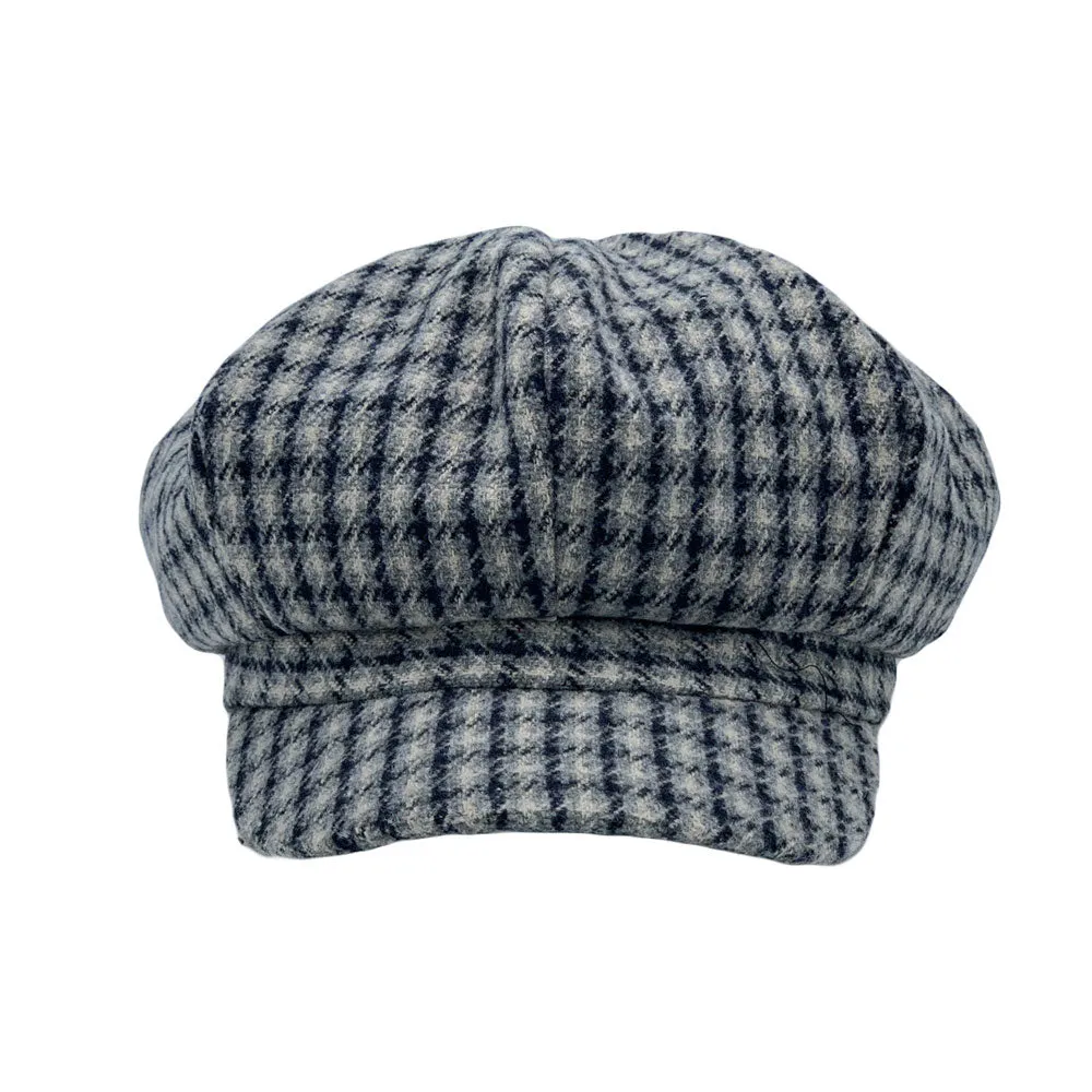 Houndstooth Newsboy Cap - Wool 8 Panel Cabbie Baker Boy Hat Plaid Check Beret LDG1565