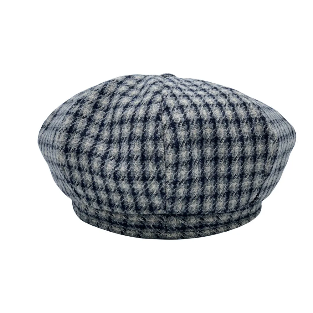 Houndstooth Newsboy Cap - Wool 8 Panel Cabbie Baker Boy Hat Plaid Check Beret LDG1565