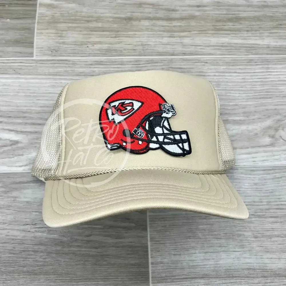 Kansas City Helmet Patch on Beige Meshback Trucker Hat