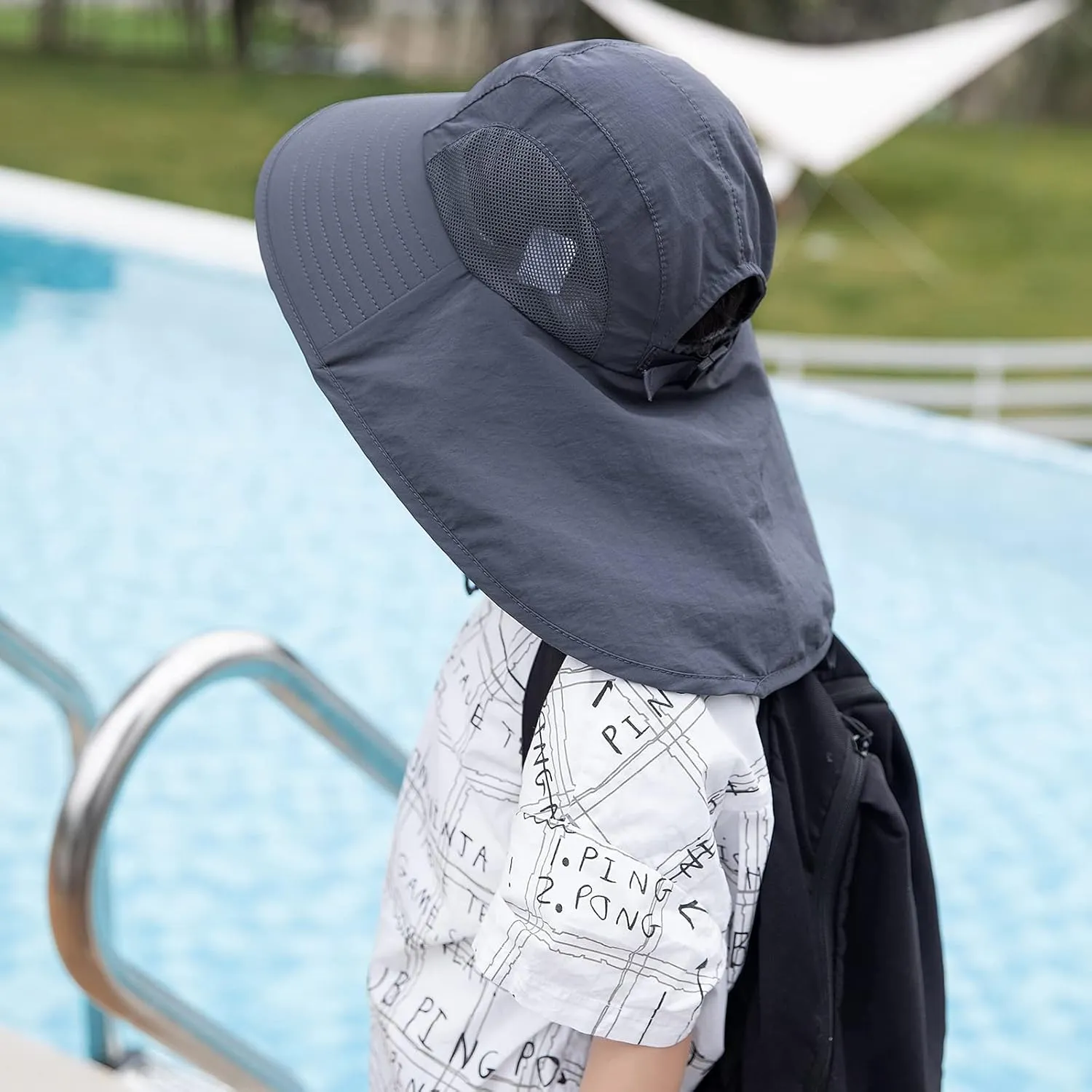Kids Sun Hat with Neck Flap - Unisex Adjustable Children Wide Brim Summer UPF50  Sun Protection Mesh Bucket for 4-12y