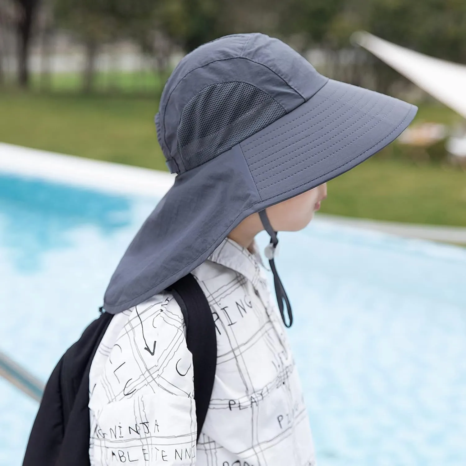 Kids Sun Hat with Neck Flap - Unisex Adjustable Children Wide Brim Summer UPF50  Sun Protection Mesh Bucket for 4-12y