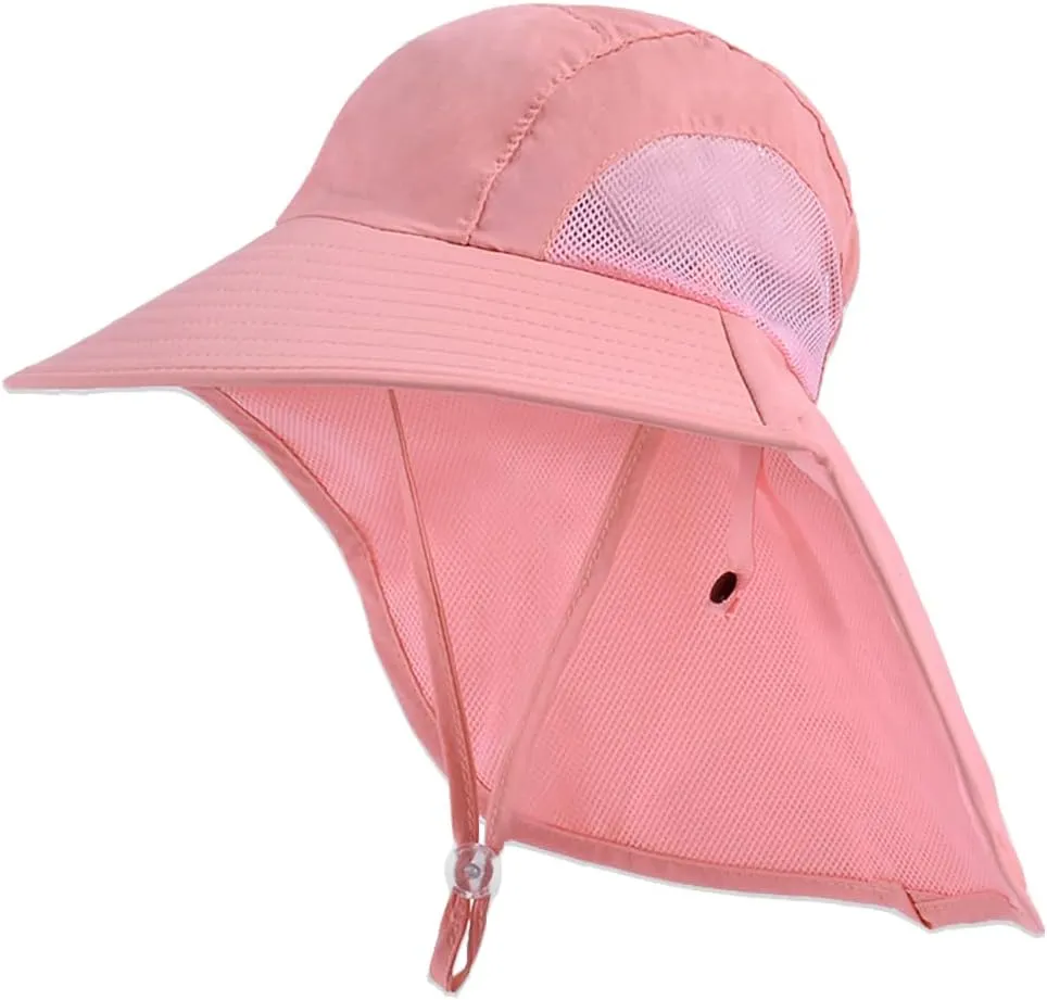 Kids Sun Hat with Neck Flap - Unisex Adjustable Children Wide Brim Summer UPF50  Sun Protection Mesh Bucket for 4-12y