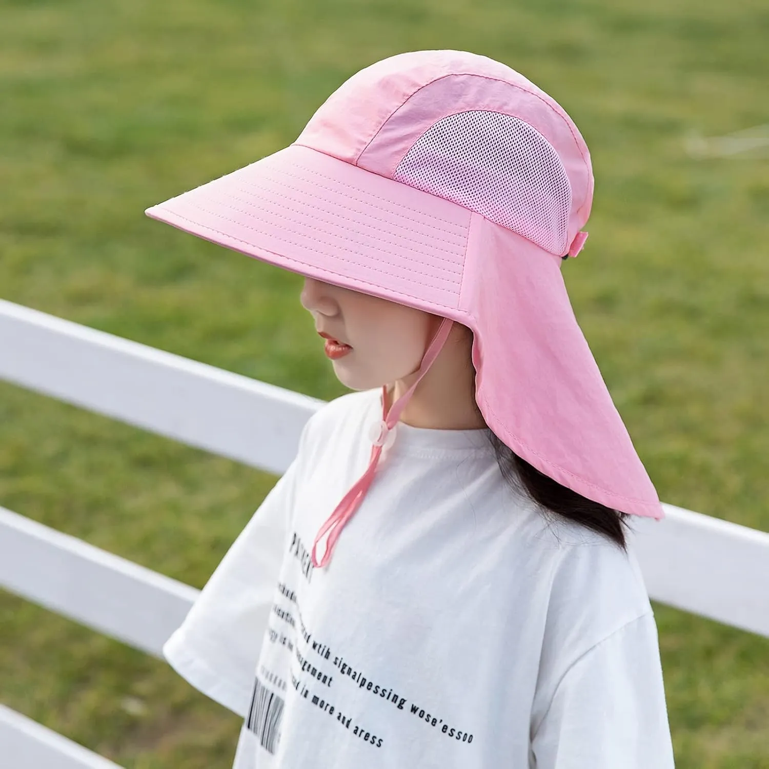 Kids Sun Hat with Neck Flap - Unisex Adjustable Children Wide Brim Summer UPF50  Sun Protection Mesh Bucket for 4-12y