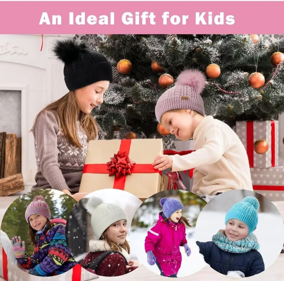 Kids Winter Hat Gloves Scarf Set,Girls Toddler Children Hats Beanie with Pom Knit Neck Warmer Gaiter Mittens Fleece Lined Set