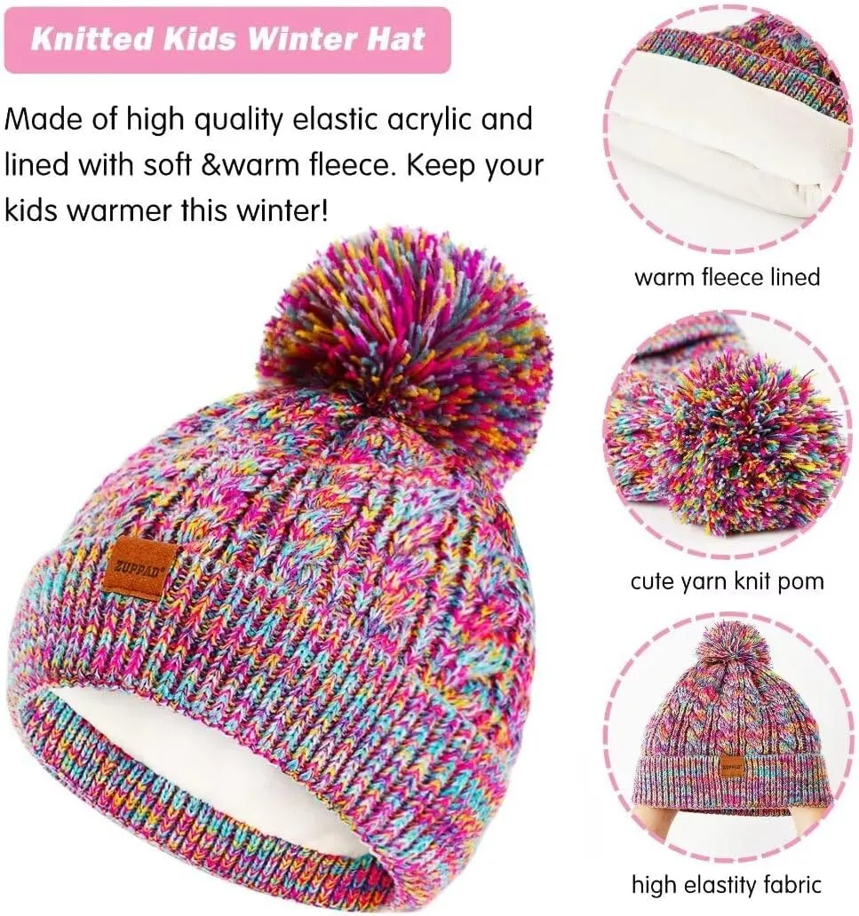 Kids Winter Hat Gloves Scarf Set,Girls Toddler Children Hats Beanie with Pom Knit Neck Warmer Gaiter Mittens Fleece Lined Set
