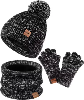 Kids Winter Hat Gloves Scarf Set,Girls Toddler Children Hats Beanie with Pom Knit Neck Warmer Gaiter Mittens Fleece Lined Set