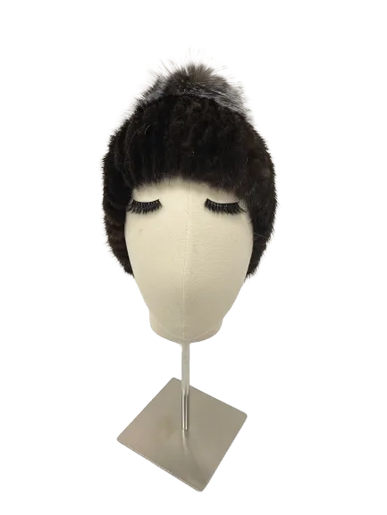 KNITTED MINK BEANIE BROWN