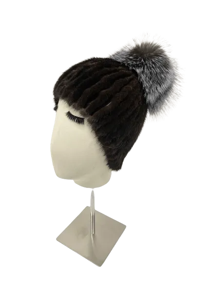 KNITTED MINK BEANIE BROWN