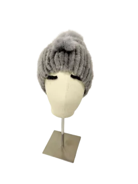 KNITTED MINK BEANIE GREY WITH TUNNEL