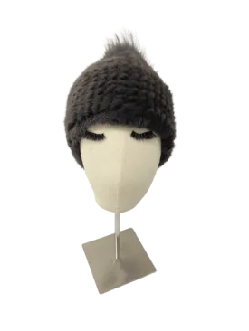 KNITTED MINK BEANIE GREY