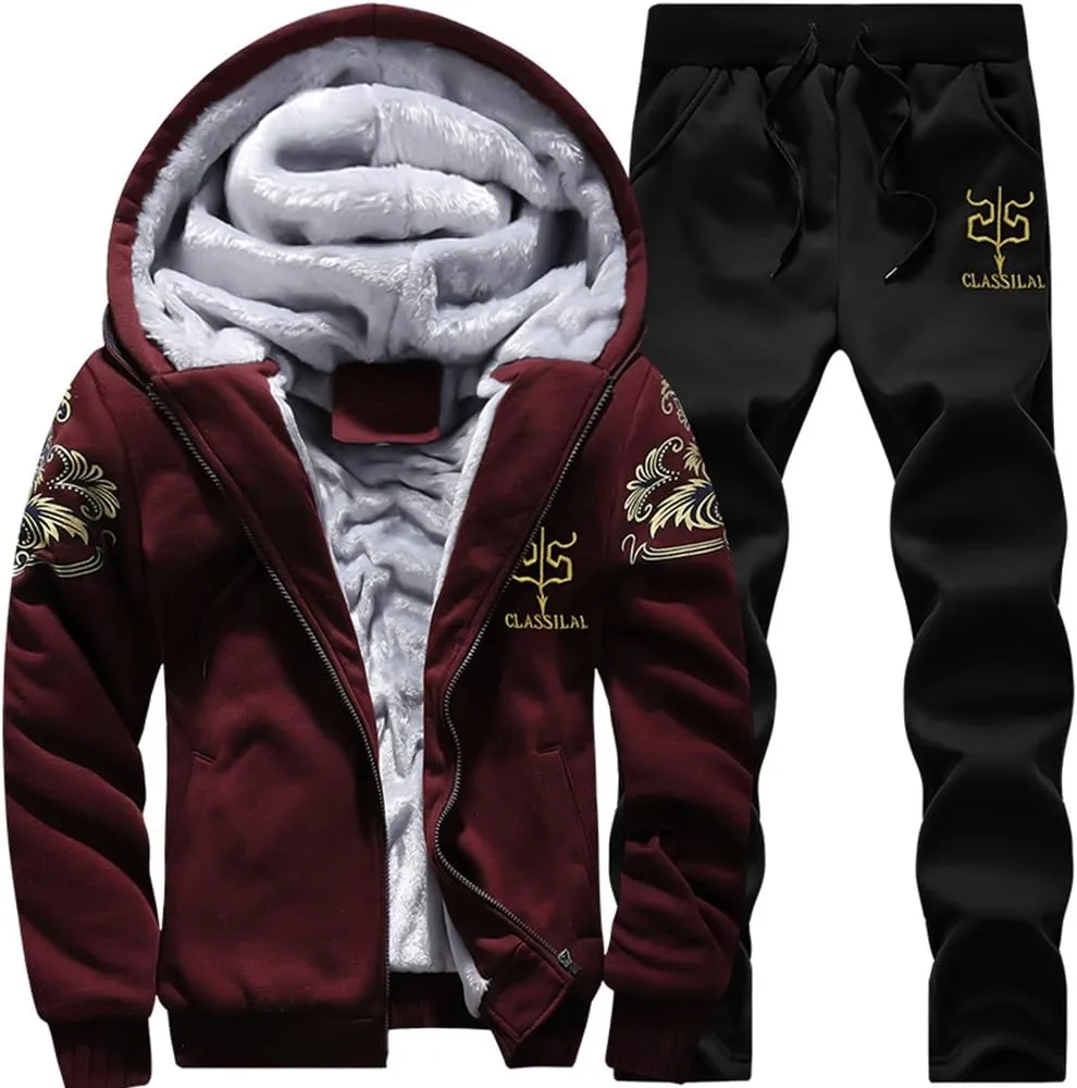 MANTORS Men's Tracksuit Winter Soft Hooded Fleece Sweatsuits Warm Pullover Coats 2 Pieces Outfits Set