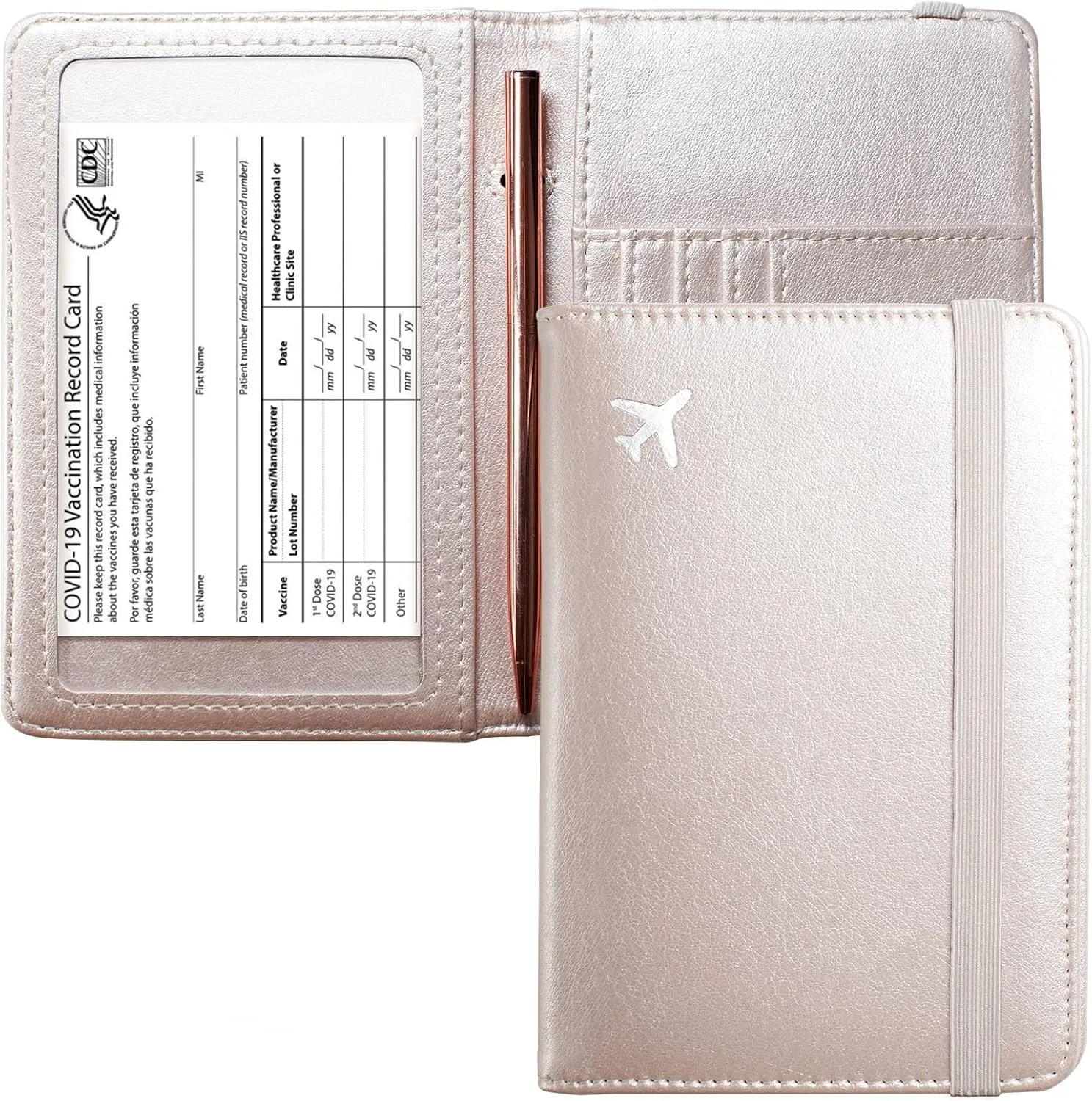 Mymazn Passport and Vaccine Card Holder Combo Passport Holder Wallet With Vaccination Card Holder Passport Case with RFID Blocking Clear Pocket For Vaccine Card Holder (Champagne Pink)