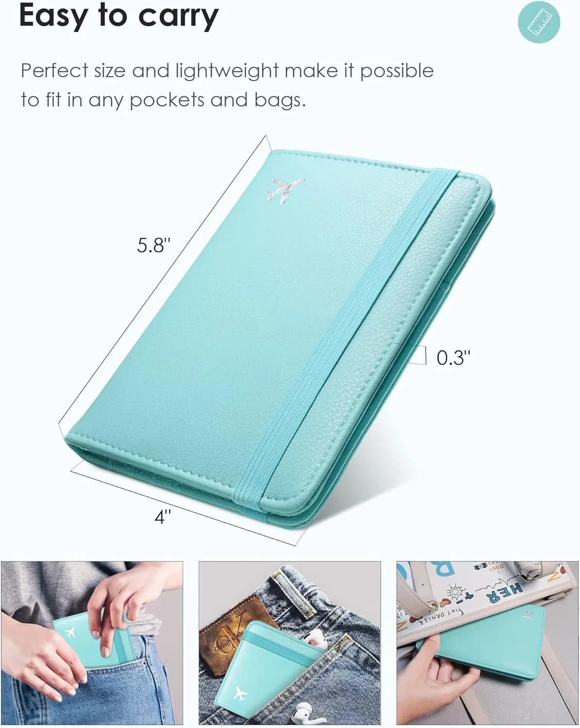 Mymazn Turquoise Passport and Vaccine Card Holder Combo Passport Holder Travel Wallet with Vaccination Card Holder Passport Case with RFID Blocking Clear Pocket For Vaccine Card (Pale Turquoise)