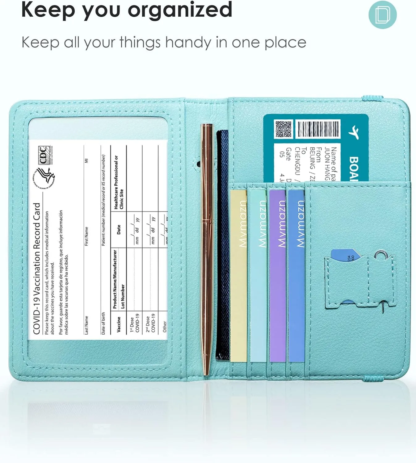 Mymazn Turquoise Passport and Vaccine Card Holder Combo Passport Holder Travel Wallet with Vaccination Card Holder Passport Case with RFID Blocking Clear Pocket For Vaccine Card (Pale Turquoise)
