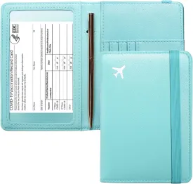 Mymazn Turquoise Passport and Vaccine Card Holder Combo Passport Holder Travel Wallet with Vaccination Card Holder Passport Case with RFID Blocking Clear Pocket For Vaccine Card (Pale Turquoise)