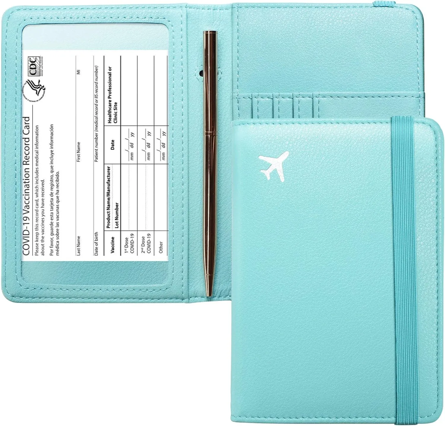 Mymazn Turquoise Passport and Vaccine Card Holder Combo Passport Holder Travel Wallet with Vaccination Card Holder Passport Case with RFID Blocking Clear Pocket For Vaccine Card (Pale Turquoise)