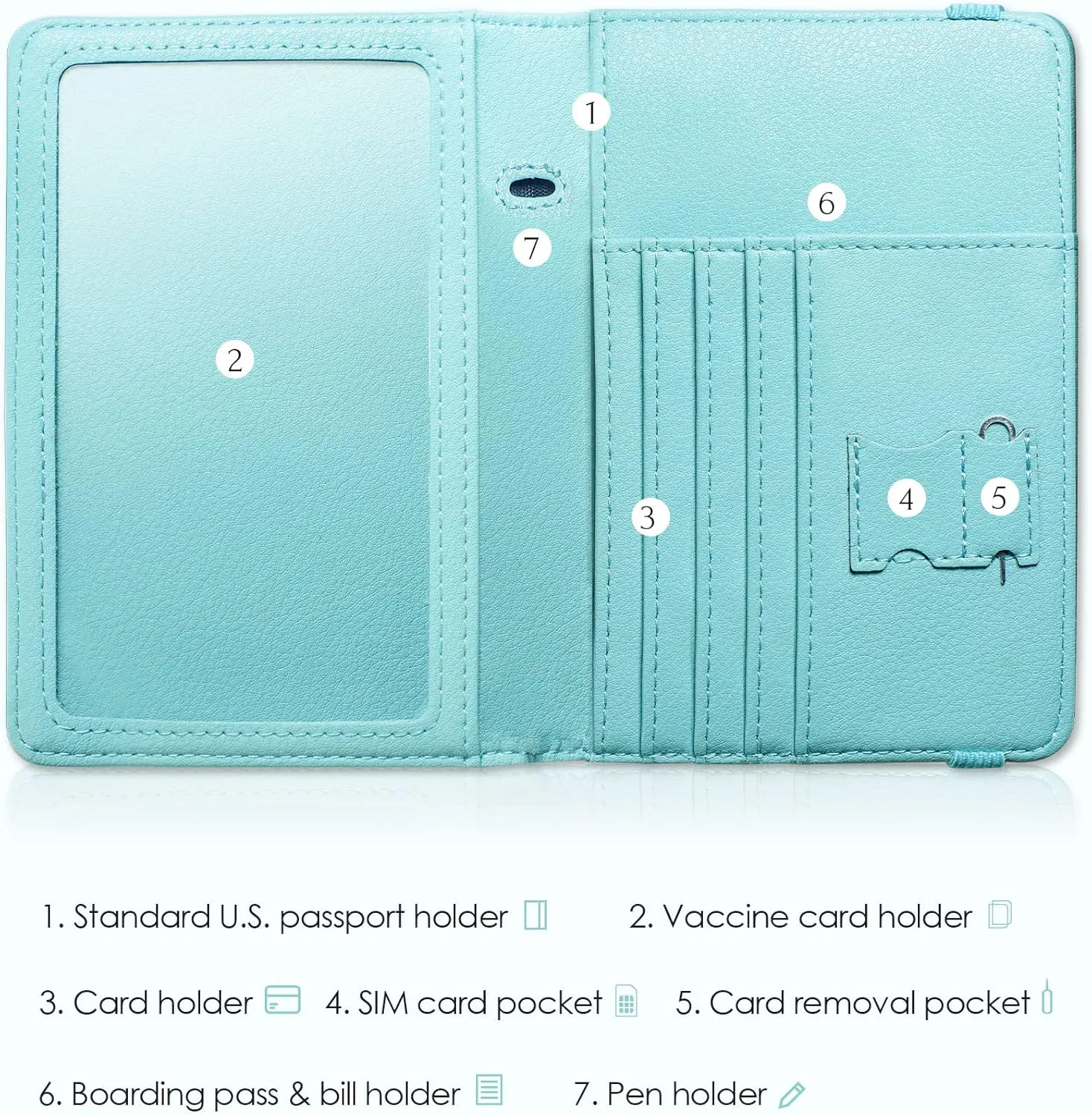 Mymazn Turquoise Passport and Vaccine Card Holder Combo Passport Holder Travel Wallet with Vaccination Card Holder Passport Case with RFID Blocking Clear Pocket For Vaccine Card (Pale Turquoise)