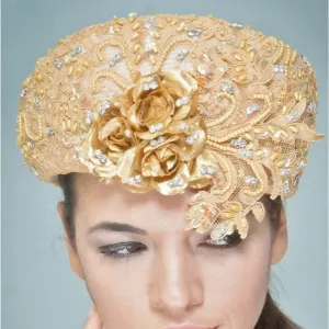NA1020-Cream dress hat with beaded gold lace fabric and rhinestones