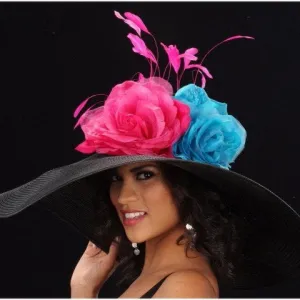 OE8003- Black straw dress hat with large pink/blue flowers and pink feather
