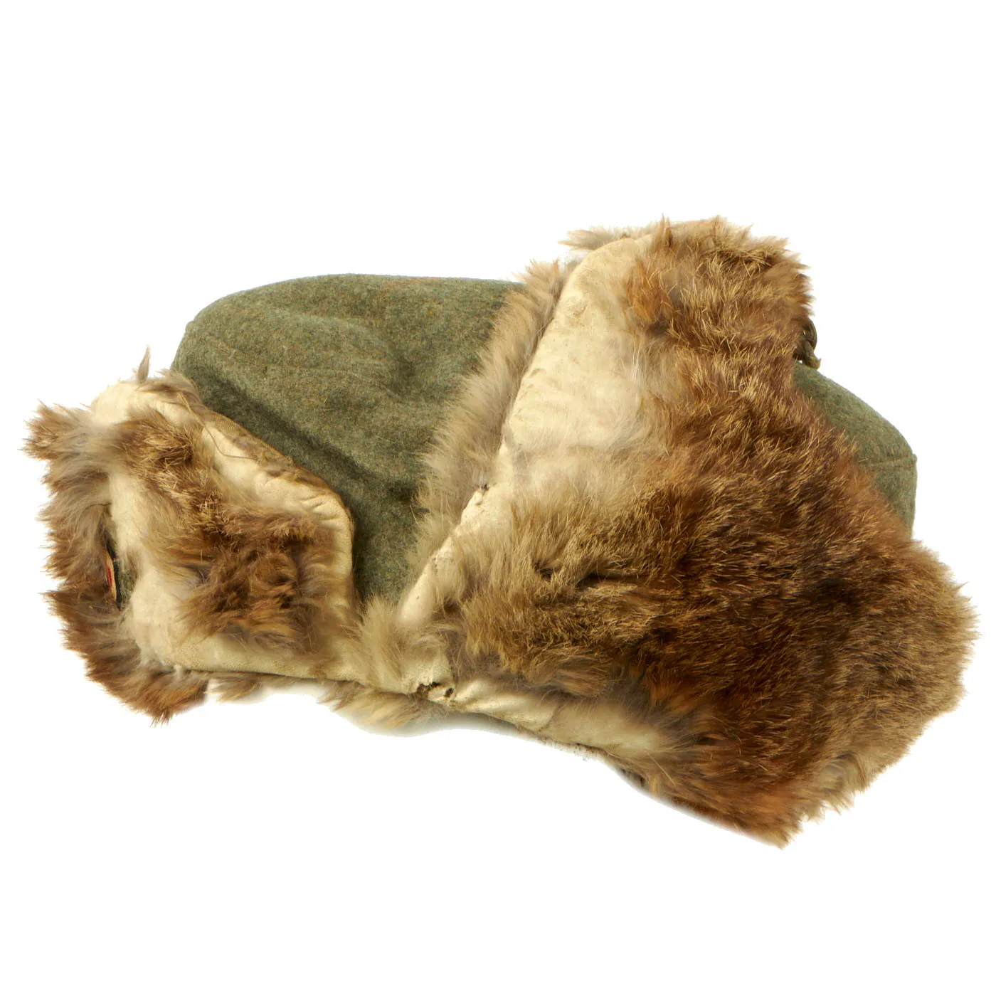 Original German WWII Eastern Front White Rabbit Fur Winter Hat with Maker Markings - Winterfellmütze size 55