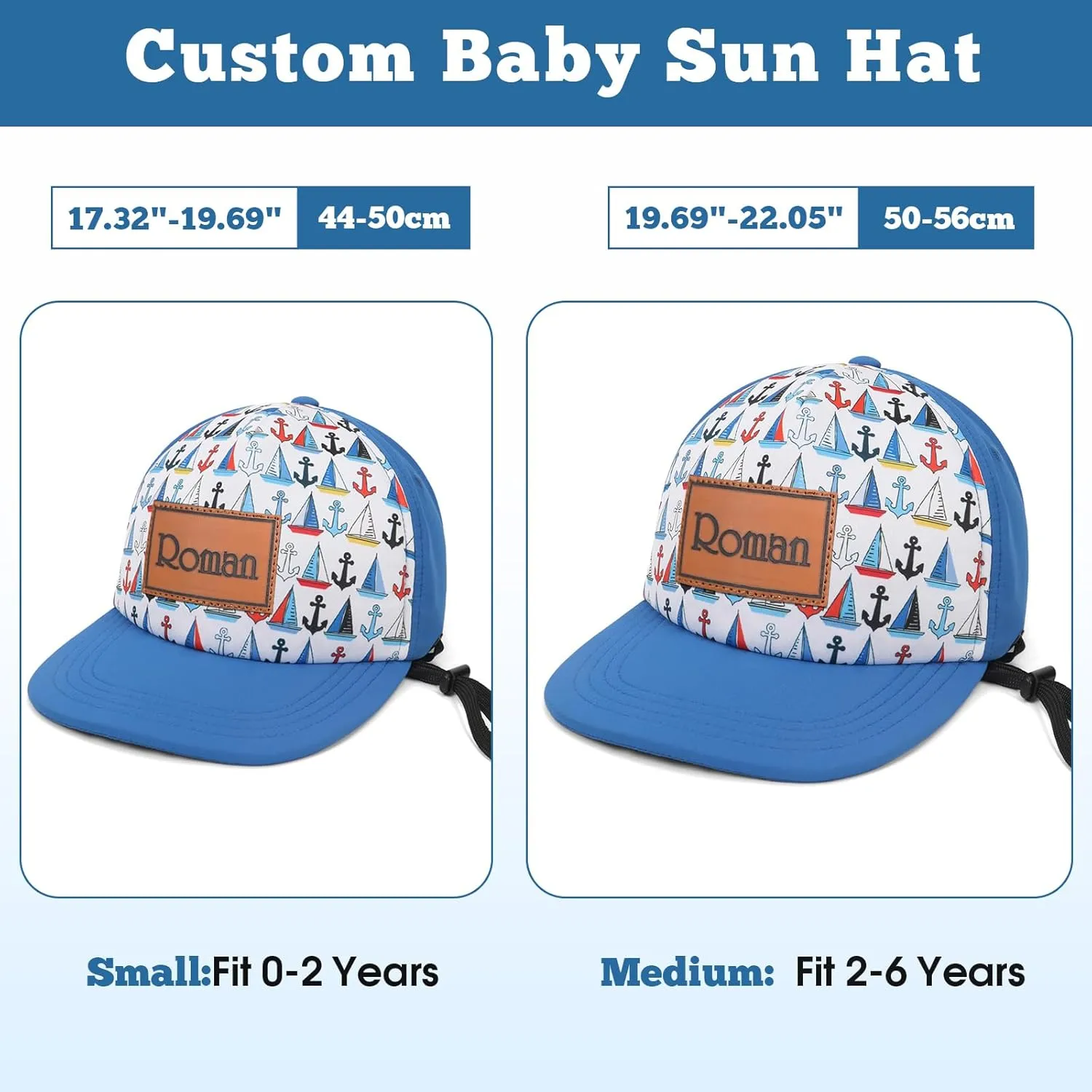 Personalized Baby Sun Hats, Leather Patch Toddler Baseball Cap, Adjustable Chin Strap Trucker Hat for Infant Boys Girls